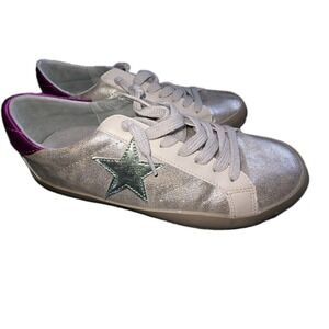 Shu Shop Paula Silver Distressed Shoes Sneakers Shiny Star US 7.5